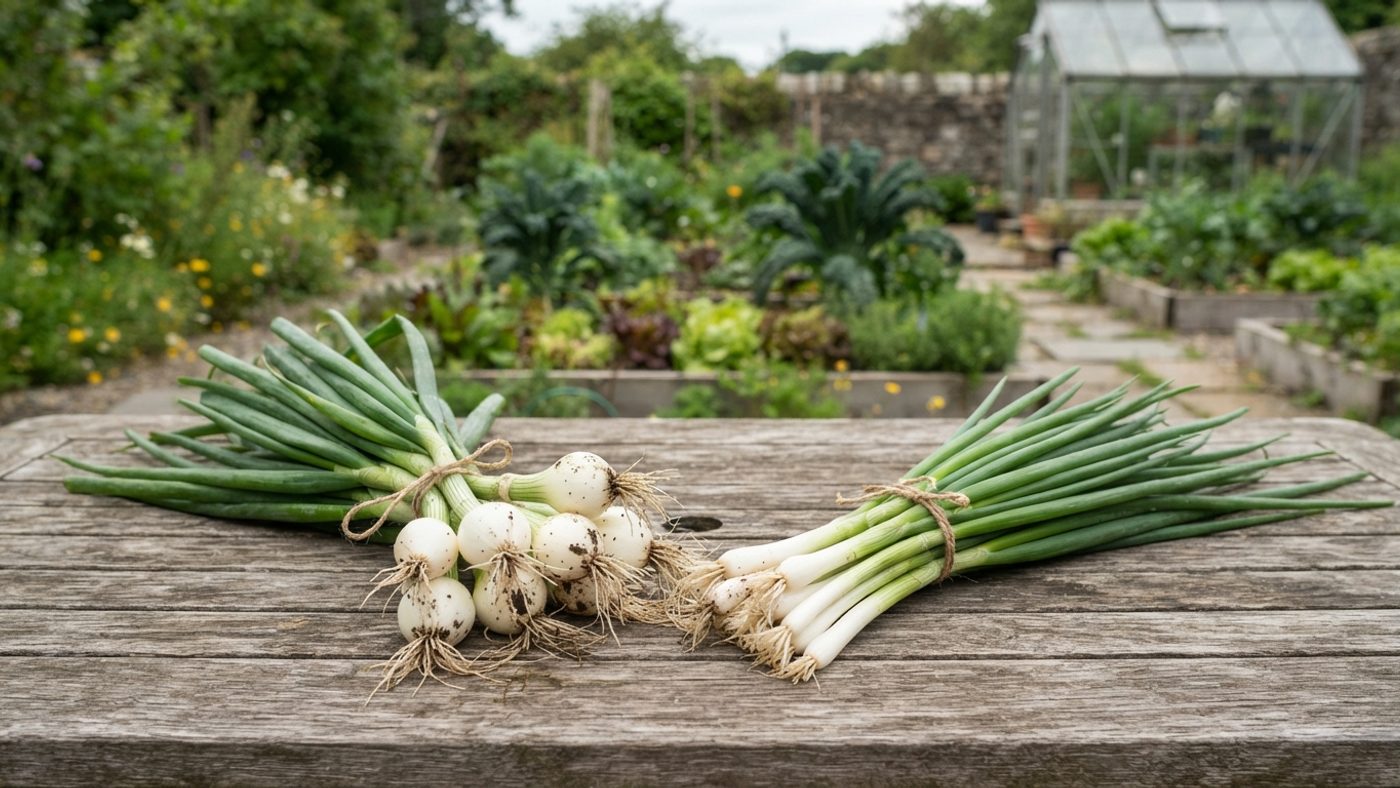 A bundle of spring onions with slightly swollen white bases next to a bundle of spring onions with long slender straight white stems
