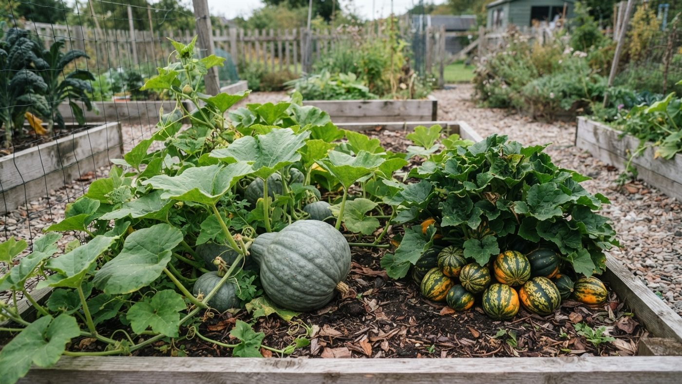 A large blue-grey winter squash on a sprawling trailing vine next to a small green-yellow-orange striped acorn-shaped squash on a compact bushy plant