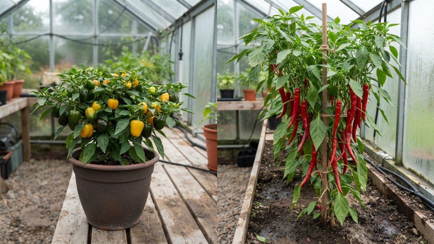 A small dwarf pepper plant with dark green to yellow bell-shaped fruit next to a taller plant with long tapering red peppers