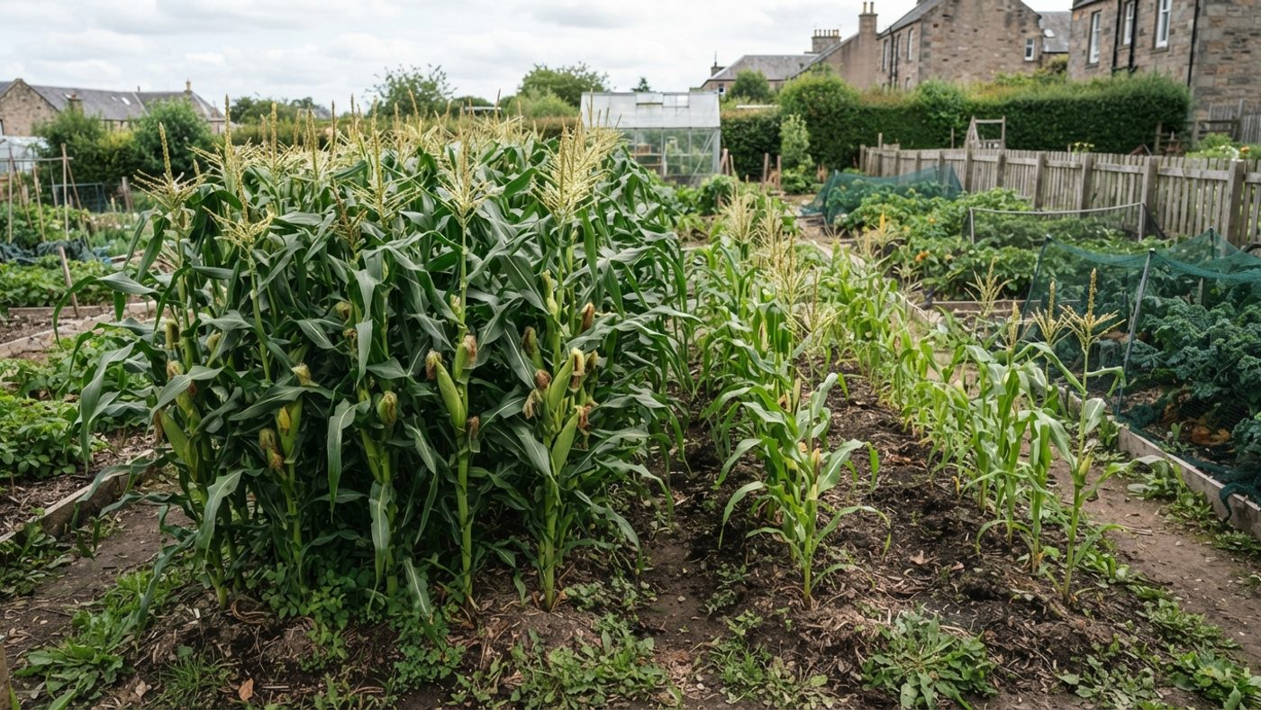 A dense square block of sweetcorn plants next to a single thin row of sweetcorn plants