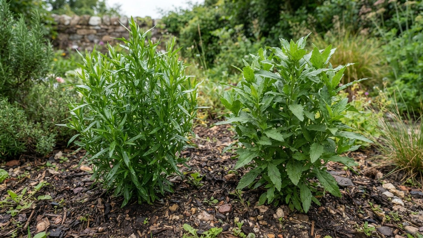 A tarragon plant with narrow glossy leaves next to a tarragon plant with slightly coarser, duller leaves