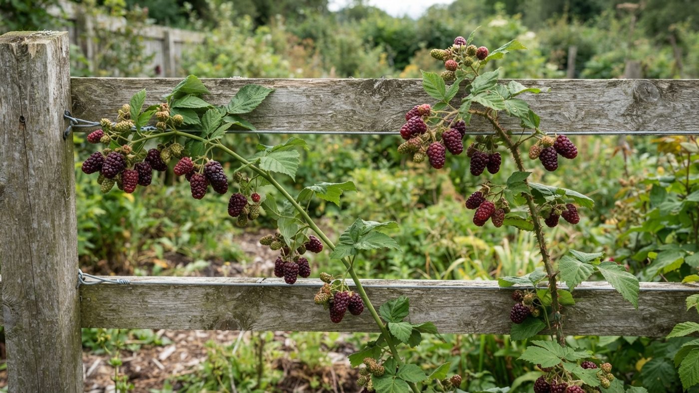 A smooth thornless tayberry cane next to a cane with small visible thorns, both with ripening berries