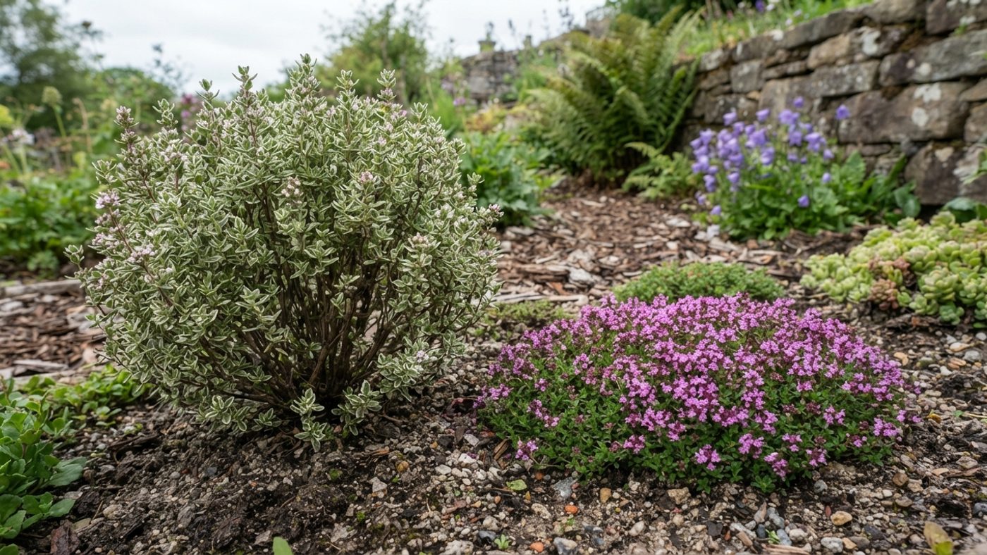 A small upright bushy thyme shrub next to a low, mat-forming creeping thyme with tiny pink flowers
