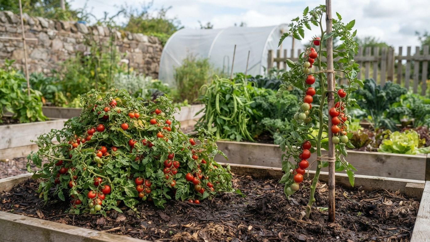 A compact bush tomato plant next to a tall staked cordon tomato plant