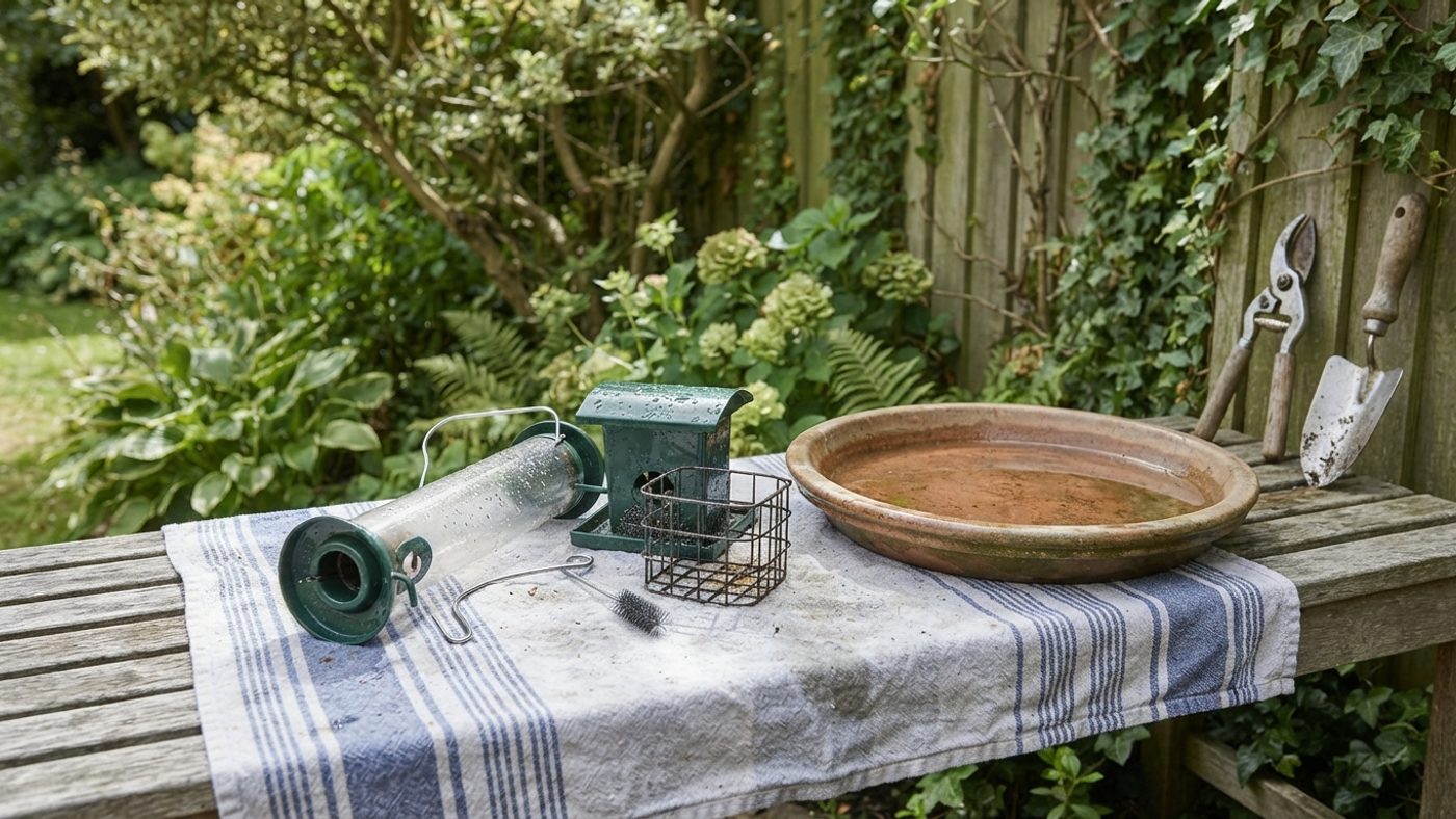 Dismantled bird feeder and bird bath parts drying outdoors on a towel