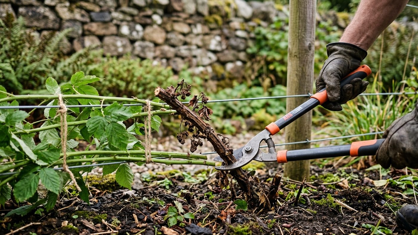 Loppers cutting an old, fruited blackberry cane at the base, with new unfruited canes tied in separately nearby