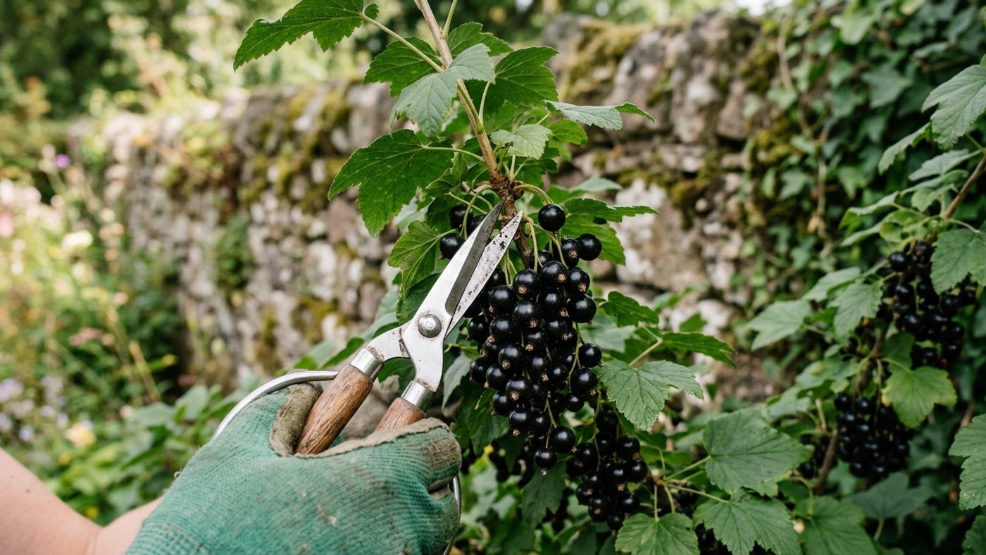 Scissors cutting a whole cluster of ripe, glossy black blackcurrants from the bush at the stalk