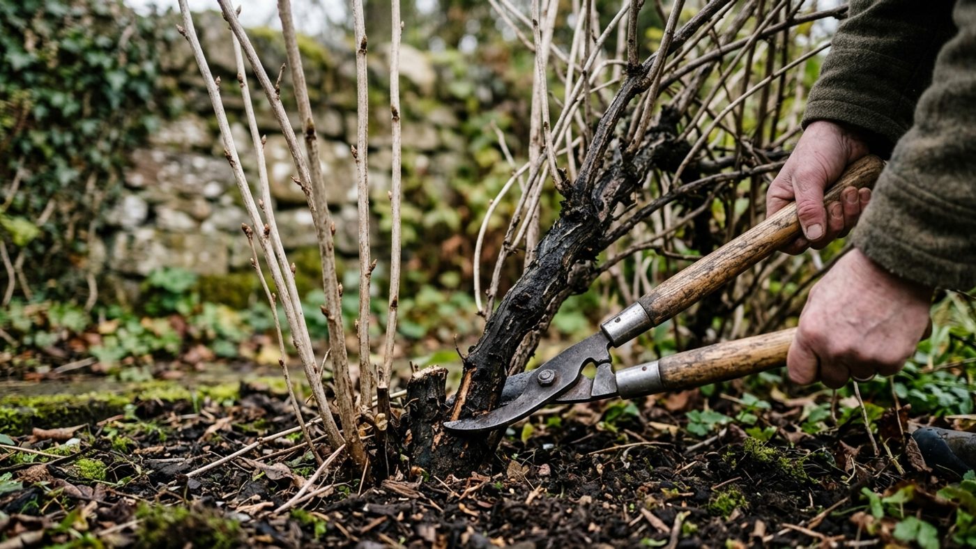 Loppers cutting an old, dark, thick blackcurrant stem down to the base, with younger lighter stems left standing