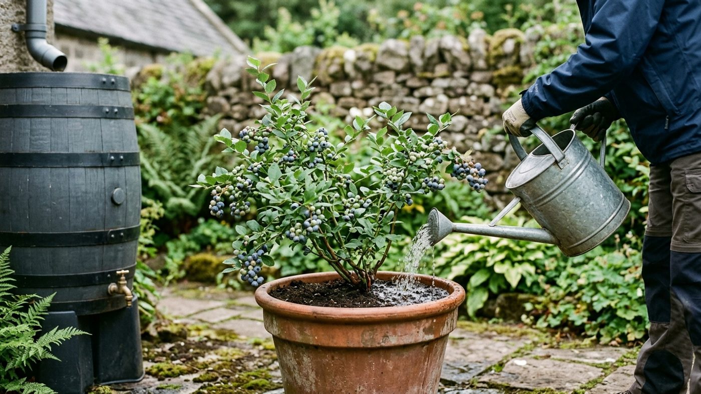 A watering can filled from a rain butt used to water a blueberry bush, avoiding alkaline tap water