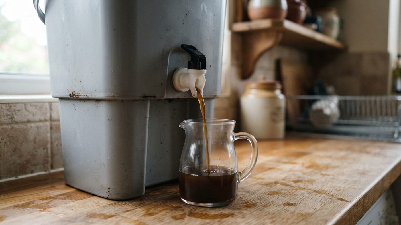 Dark liquid draining from the tap of a bokashi bucket into a small jug