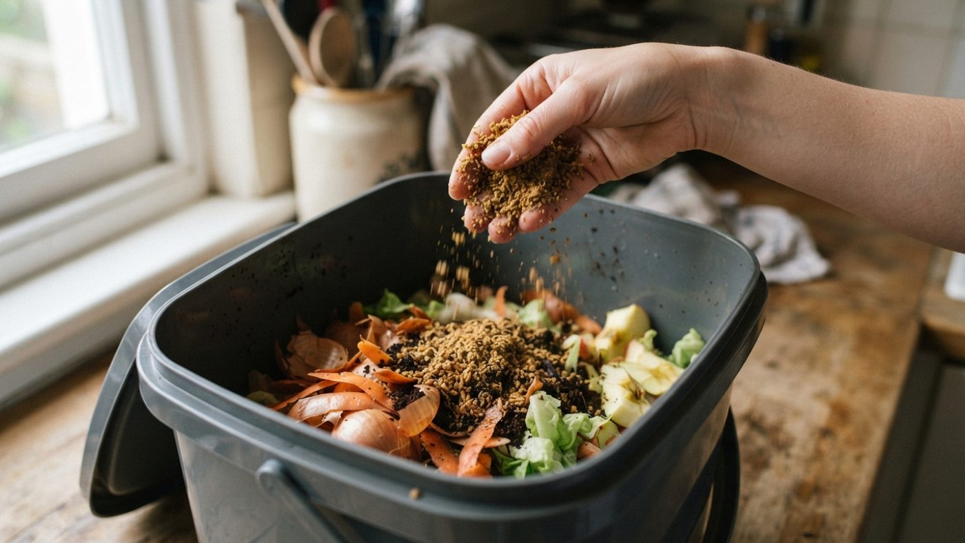 A hand sprinkling bran over a layer of food scraps inside an open bokashi bucket