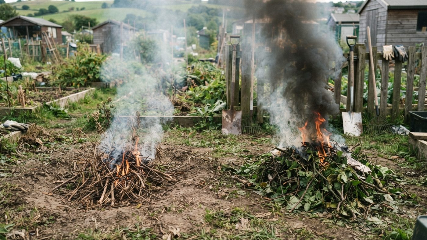 A small bonfire producing pale grey smoke from dry plant material next to a fire producing thick black dark smoke