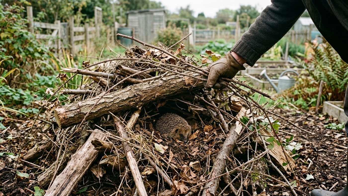 A gloved hand carefully checking a loose pile of garden brush and logs for hedgehogs before lighting a bonfire