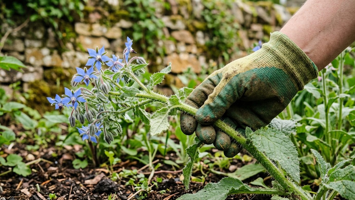 A gloved hand handling a bristly, hairy borage plant, following the advice to wear gloves to avoid skin irritation