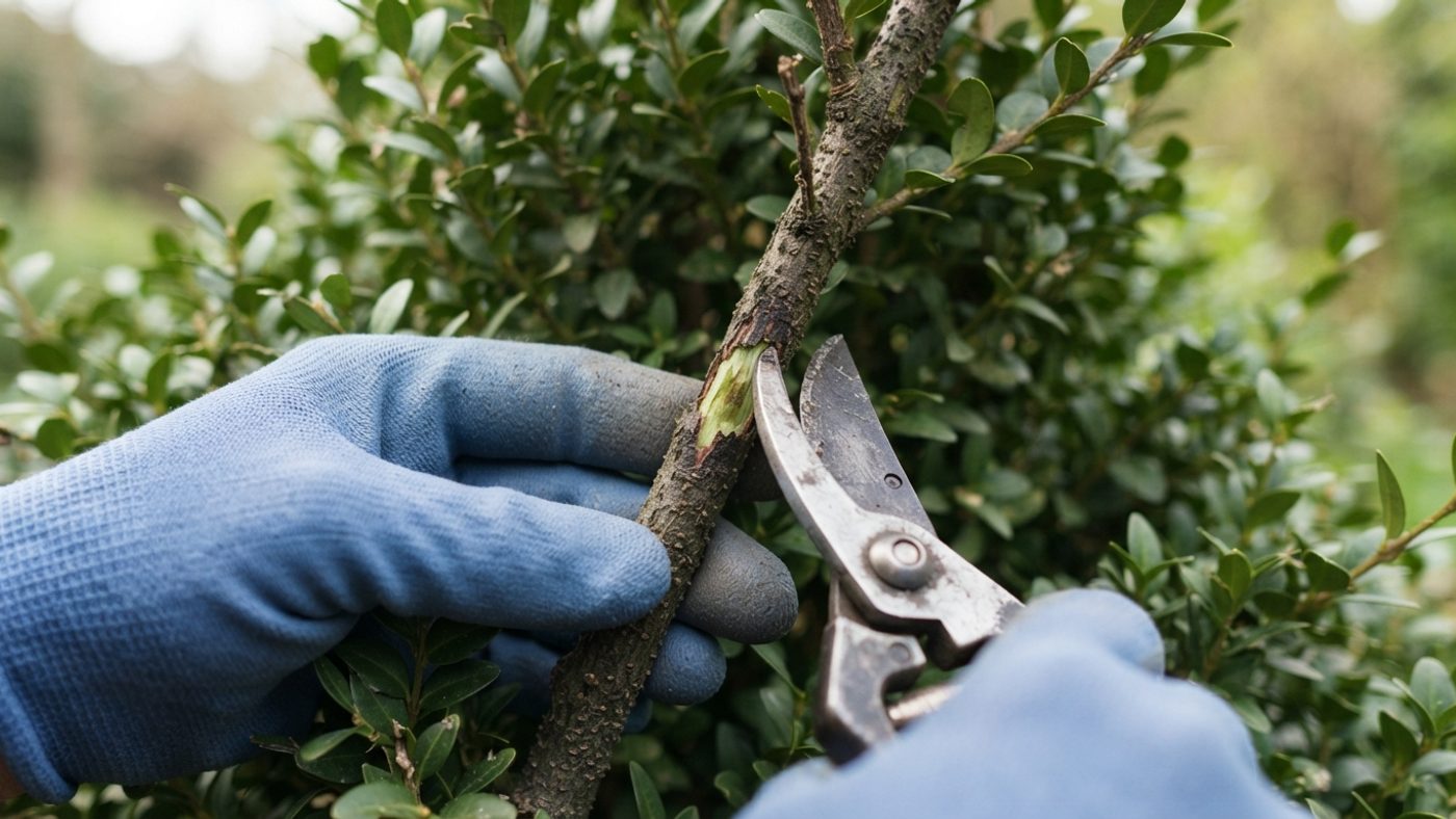 A hand using the blade of secateurs to gently scratch a small patch of bark on a box hedge stem