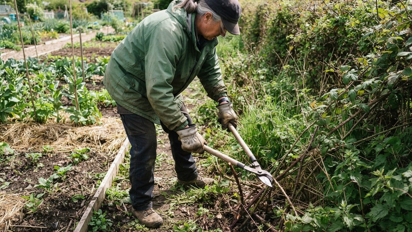 A gardener cutting back bramble canes at the margin between a boundary strip and a cultivated bed
