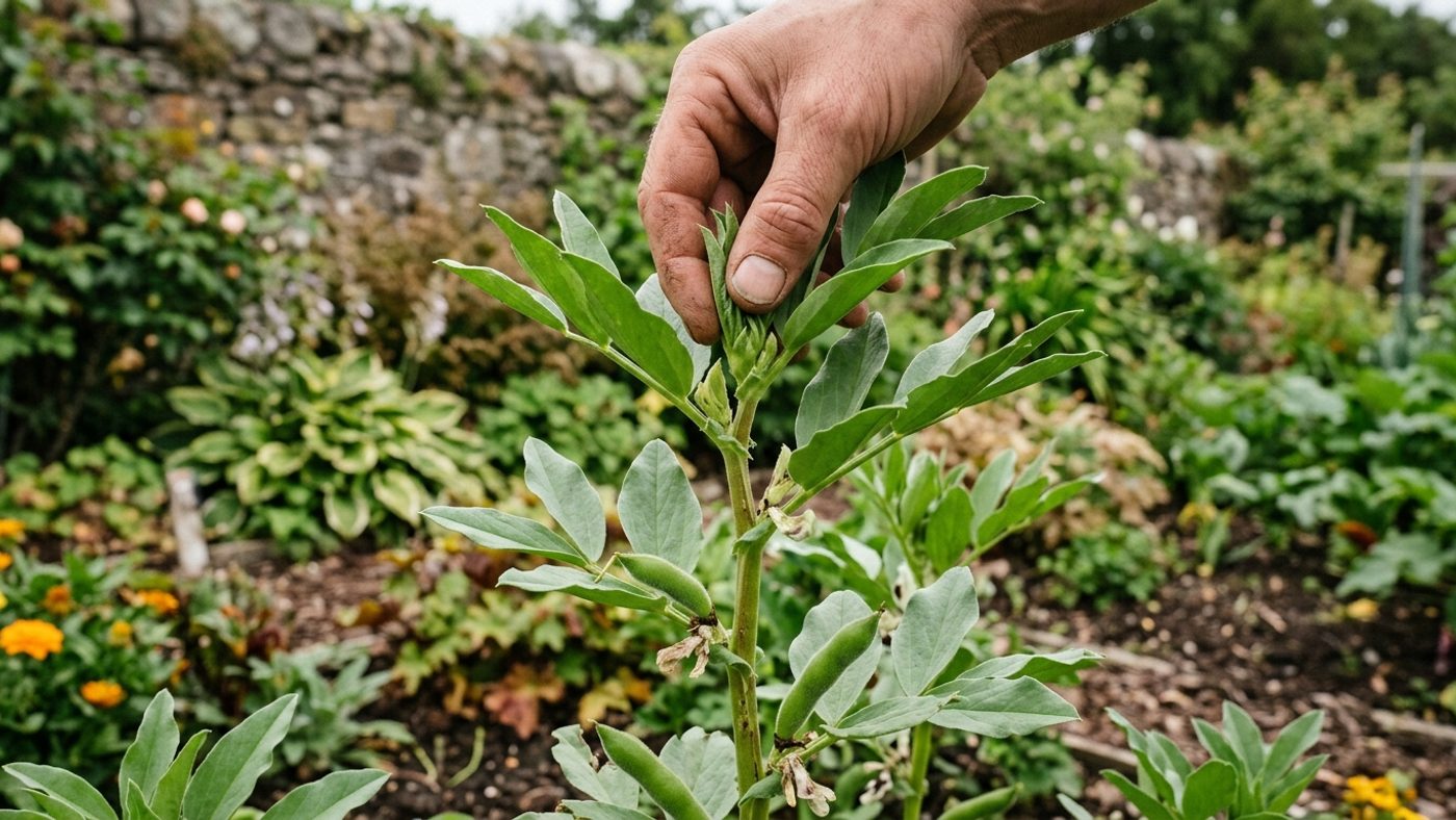 Fingers pinching out the growing tip of a broad bean plant once the lowest flowers have set small pods