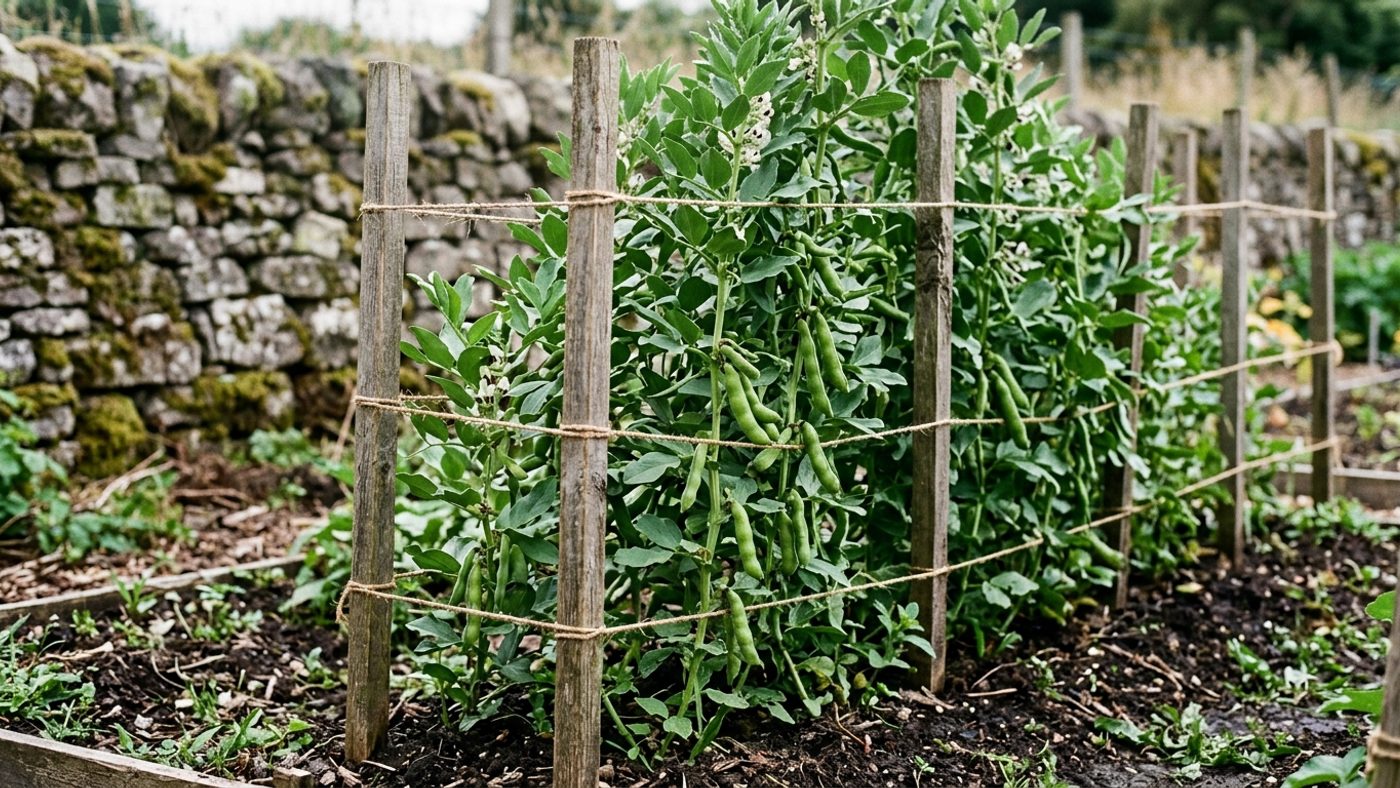 Sturdy stakes and string supporting a row of tall broad bean plants
