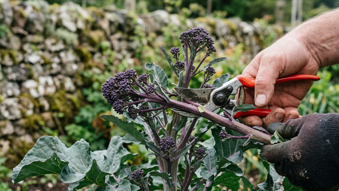 A pair of secateurs cutting a purple sprouting broccoli spear still tightly in bud, with about 10cm of stem