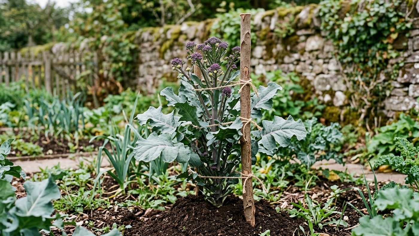 Soil mounded around the base of a tall broccoli plant, tied to a sturdy cane for support