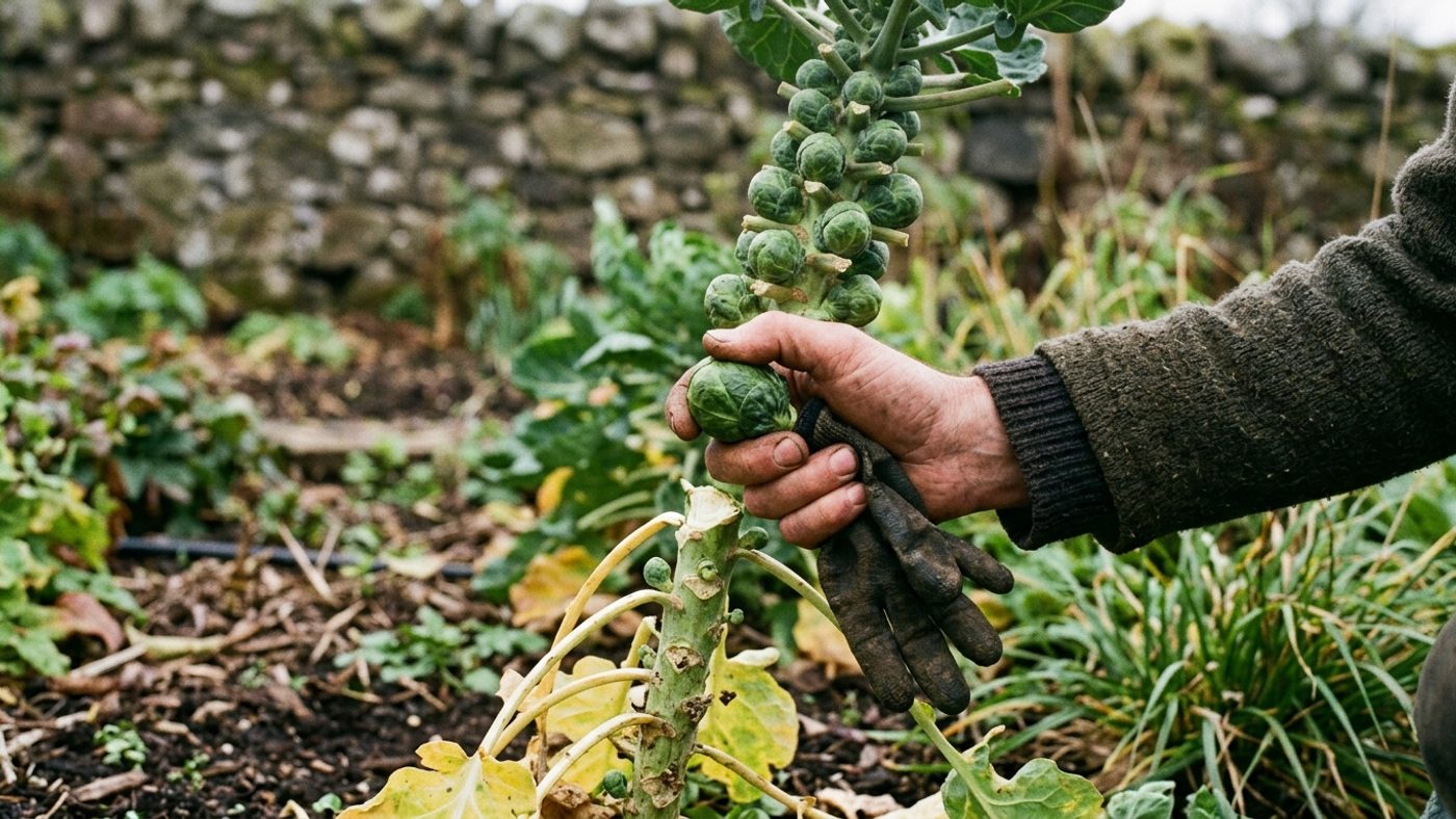 A hand snapping a firm Brussels sprout about the size of a walnut off the lower stem with a downward tug