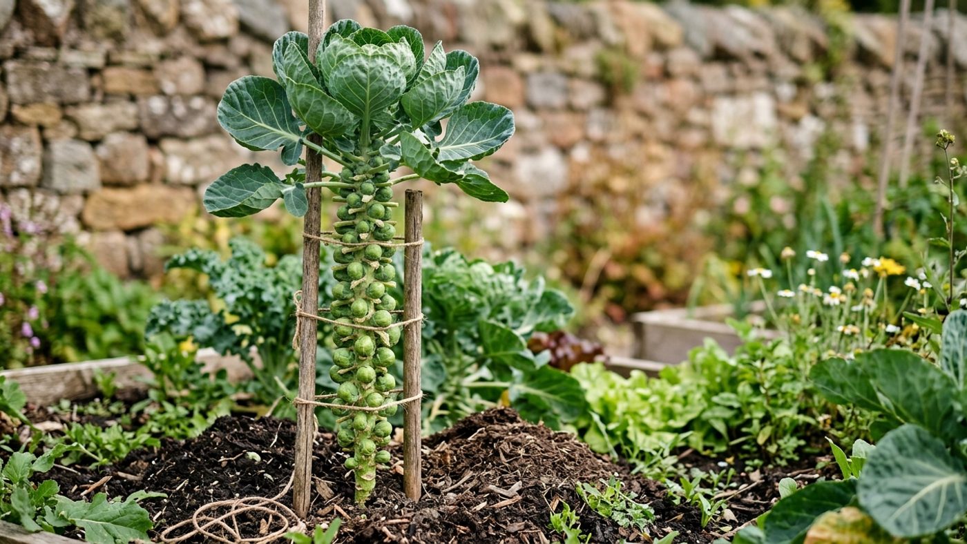 Soil mounded around the base of a tall Brussels sprouts plant, tied to a sturdy cane for support, sprouts visible along the stem
