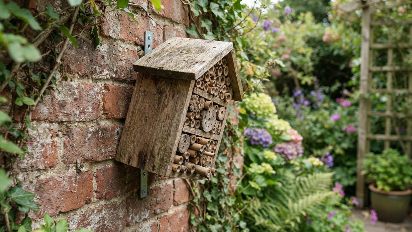 A bee hotel mounted on a wall, raised off the ground and angled to shed rain
