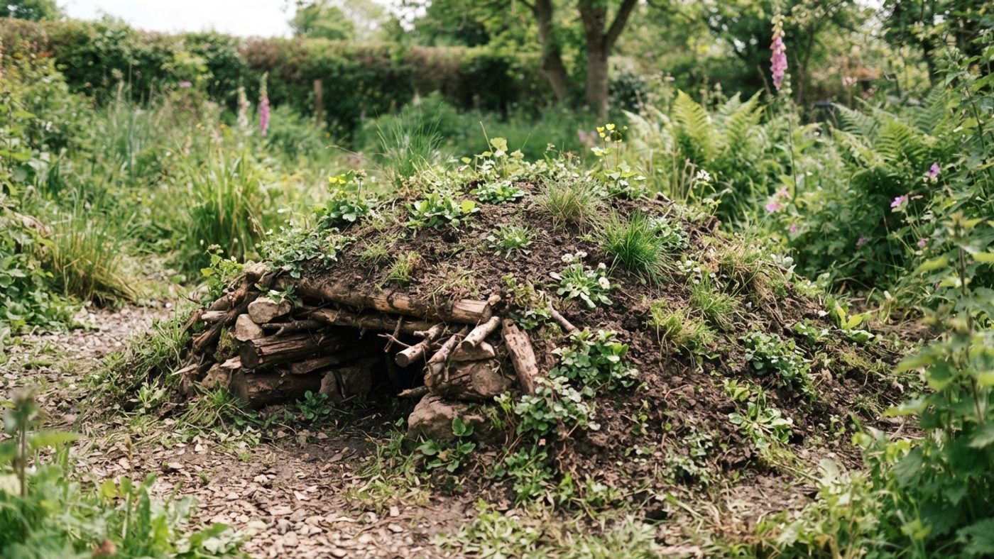 A finished hibernaculum mound with grass and wildflowers establishing over the soil cap