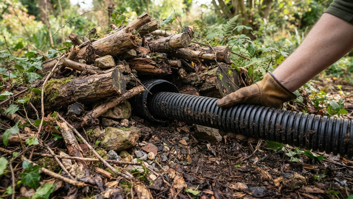 A length of pipe being inserted into a hibernaculum pile as an entrance tunnel