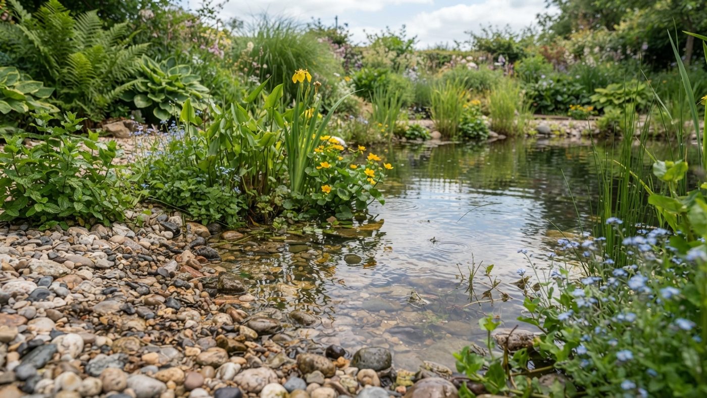 A shallow sloped beach edge of a pond planted with marginal plants