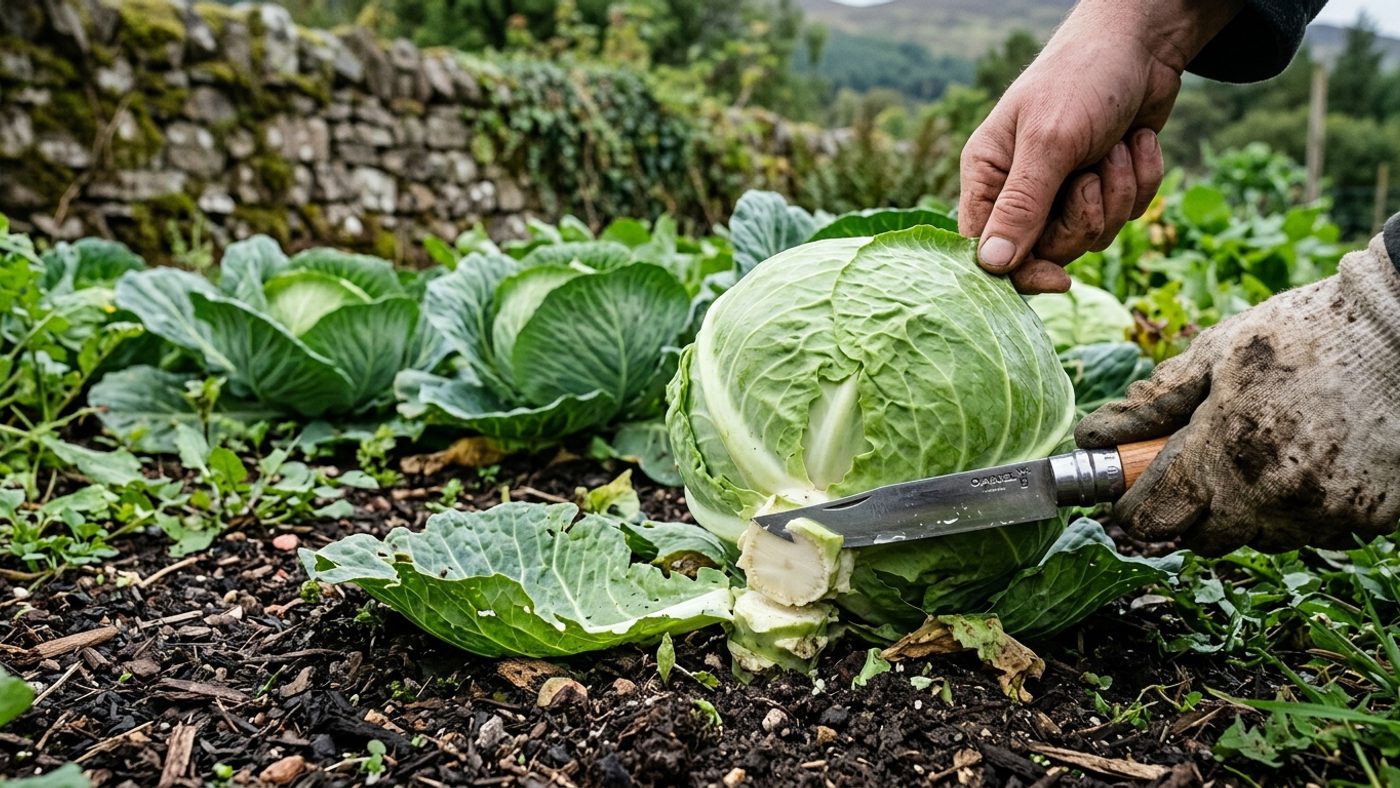 A knife cutting through a cabbage stem just above ground level, the firm round head about the size of a football