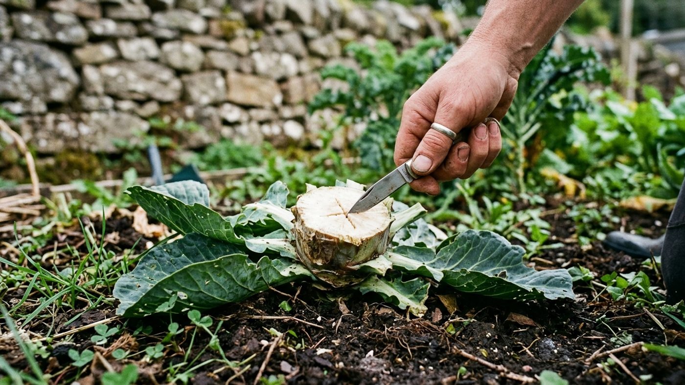 A knife scoring a shallow cross about 1cm deep into the cut stump of a cabbage plant to encourage a second head