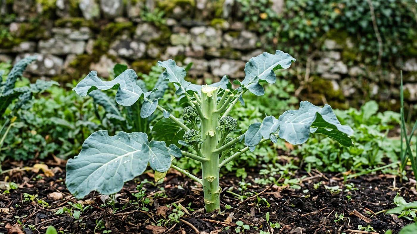 Small green side-shoots growing from a calabrese stalk after the main head has been cut, giving a second crop
