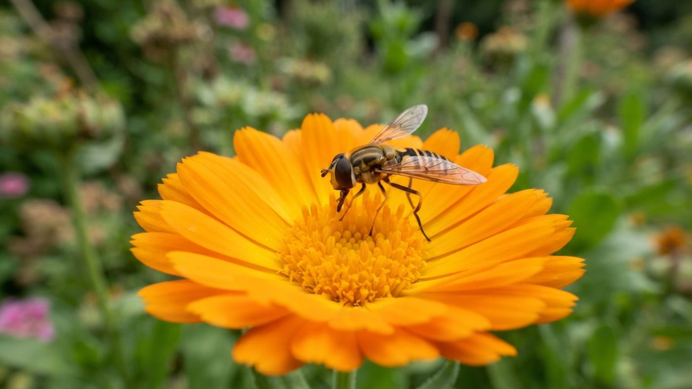 A close-up of a hoverfly visiting an orange calendula flower
