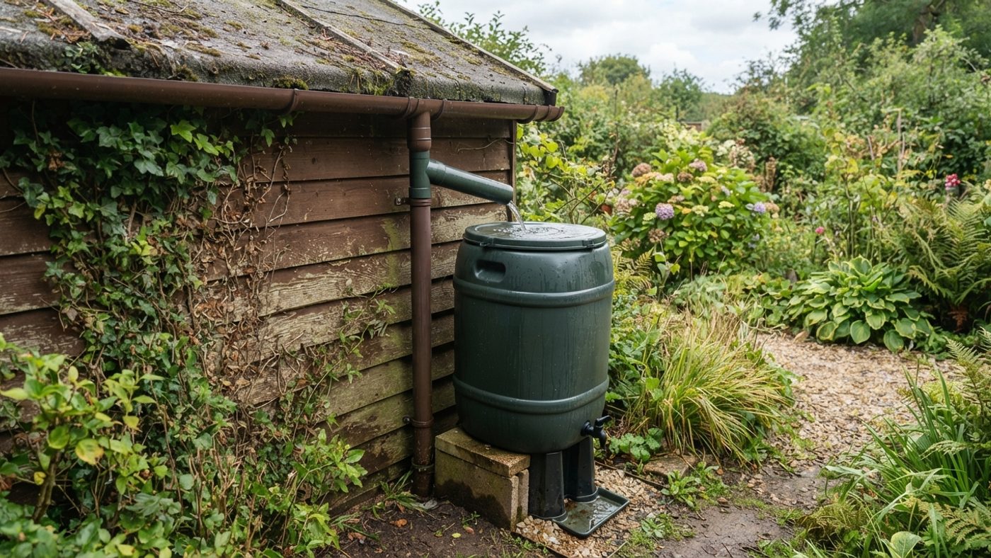 A water butt collecting rainwater from a shed roof downpipe