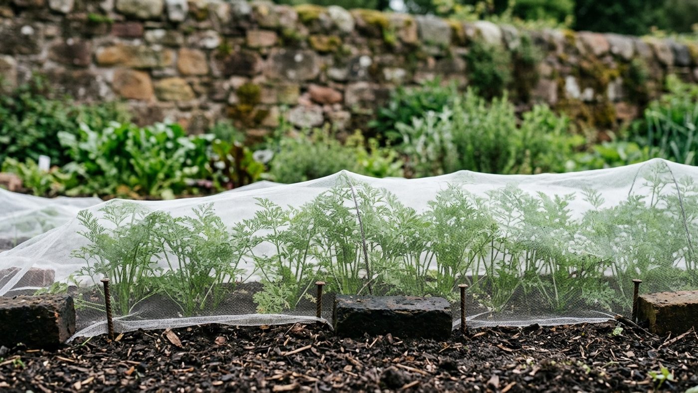 Fine insect-proof mesh stretched over a row of carrots, sealed to the ground at the edges