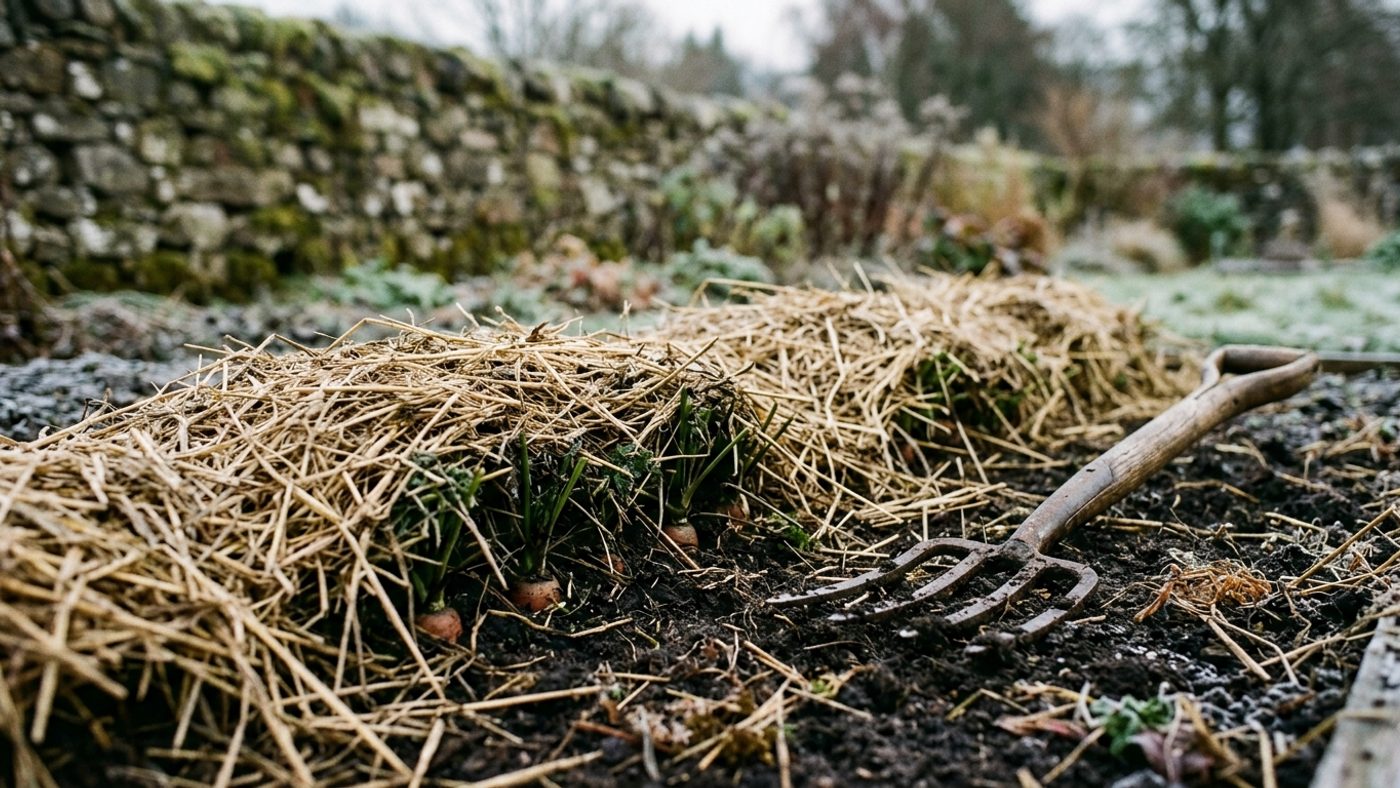 A row of carrot tops cut back and covered with a thick layer of straw for winter storage in the ground