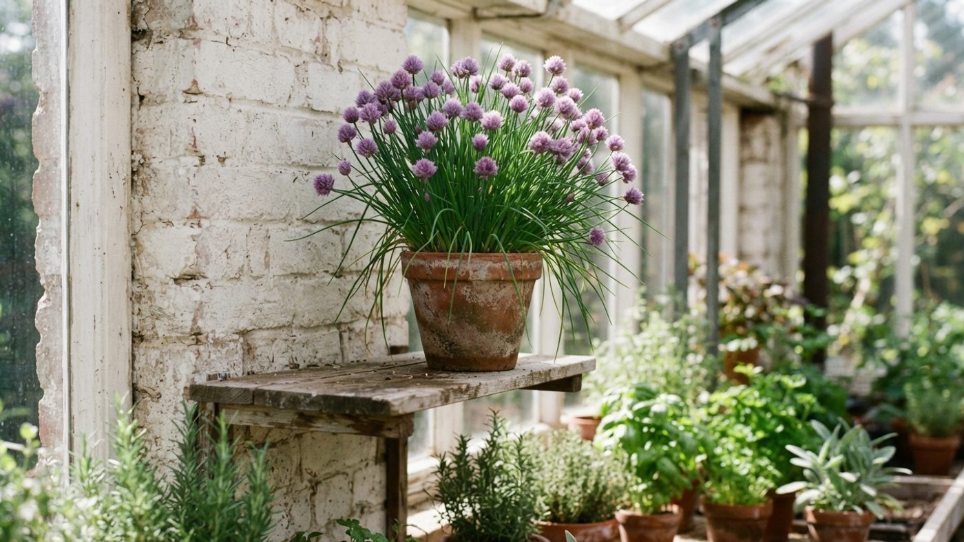 A pot of chives with fine hollow leaves and purple flowers, set apart on a high shelf out of reach