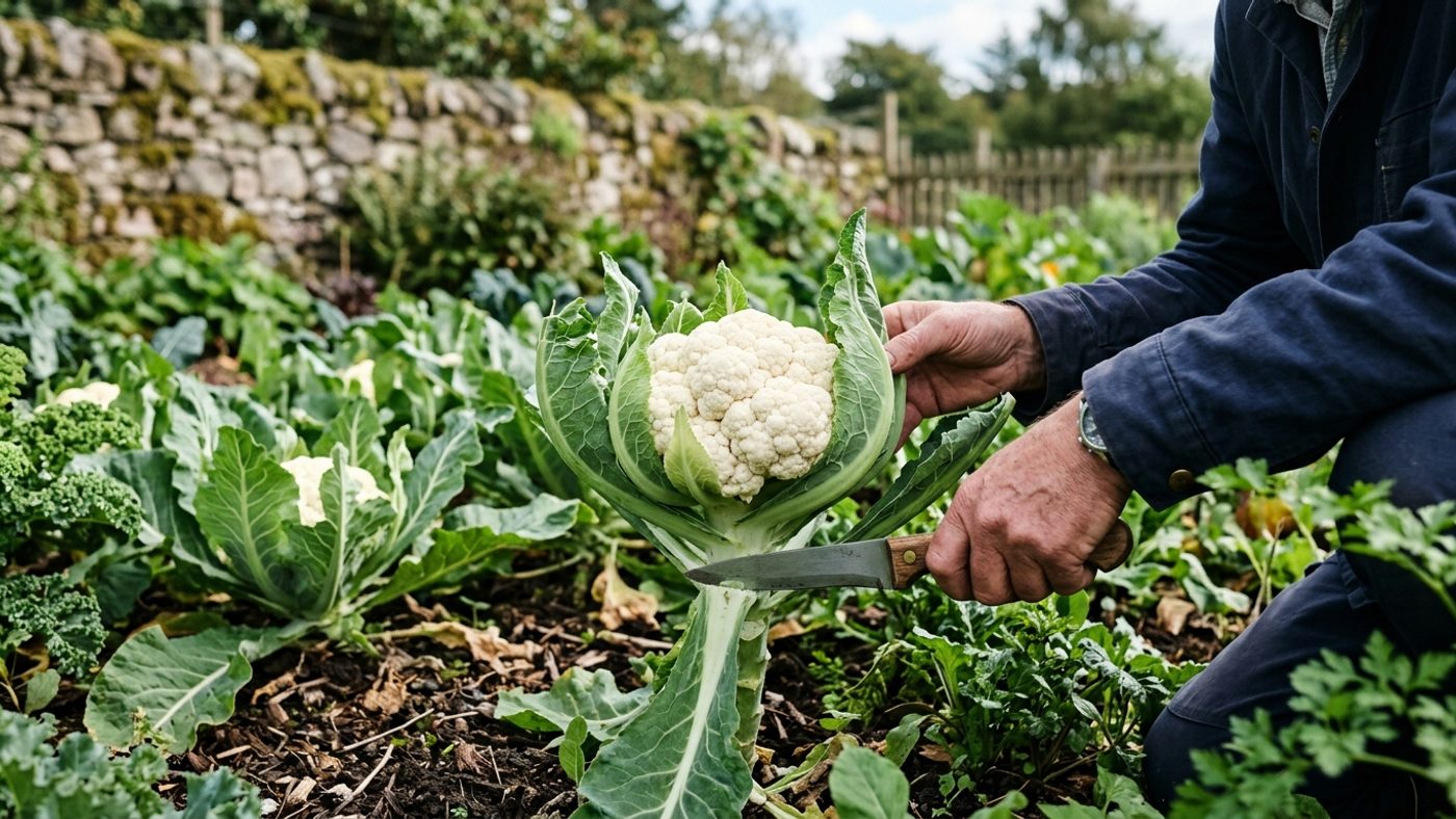 A knife cutting a large firm white cauliflower head from the plant while the curd is still tightly compact