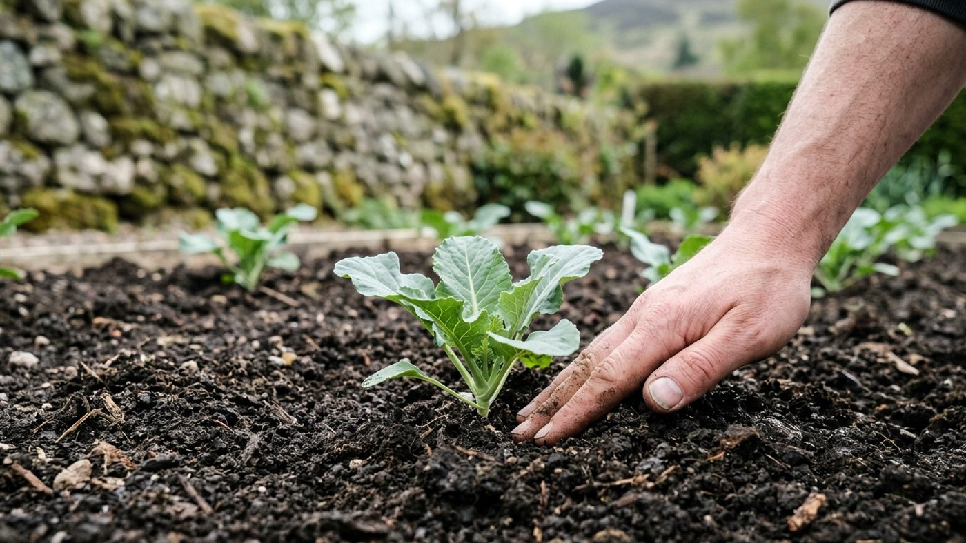 A hand transplanting a young cauliflower plant about 10 to 15cm tall into the ground at the correct spacing