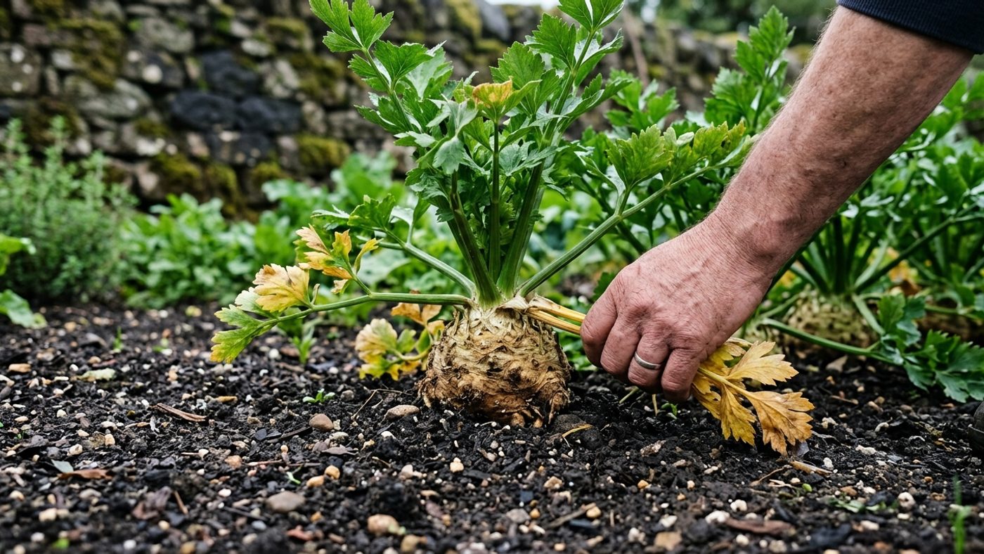 A hand clearing old outer leaves away from a celeriac crown to expose it, the swollen stem base sitting level with the soil surface