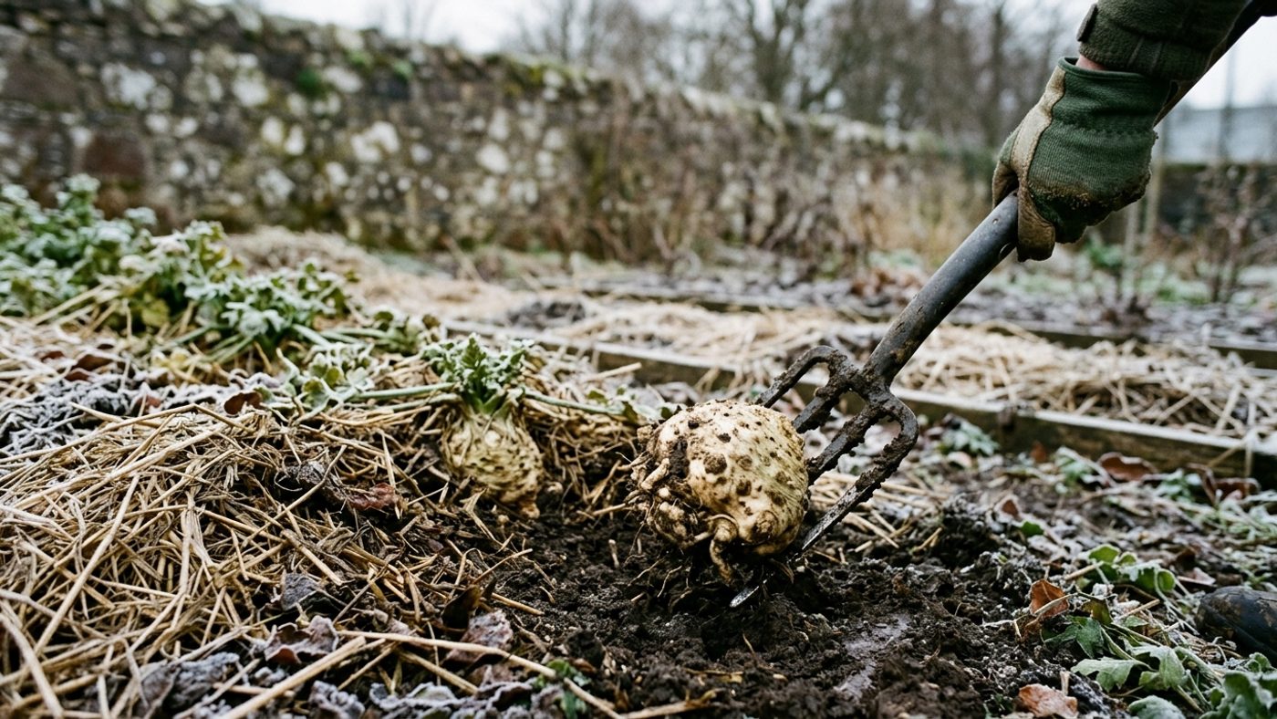 A garden fork lifting a celeriac root from frosty ground in winter, with a thick mulch layer visible along the row