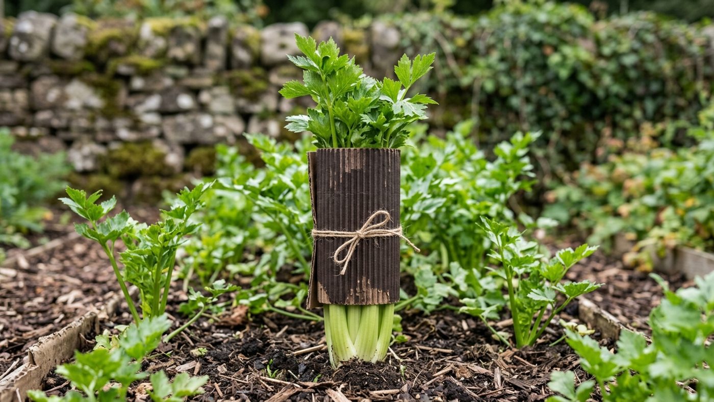 A sleeve of corrugated cardboard tied around celery stems about 30cm tall, leaving the top third exposed to light