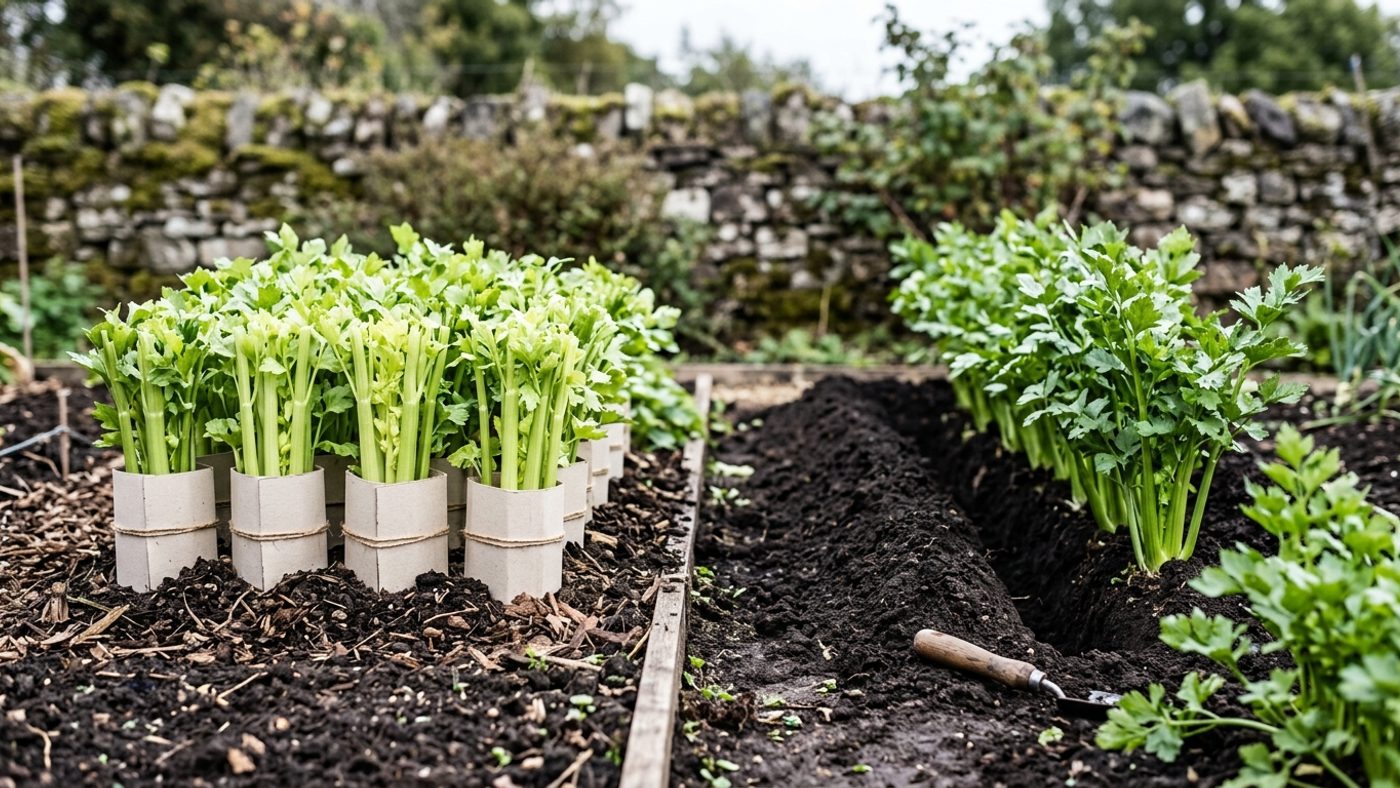 Self-blanching celery grown in a block with cardboard collars next to trench celery grown in a dug trench with soil mounded around the stems