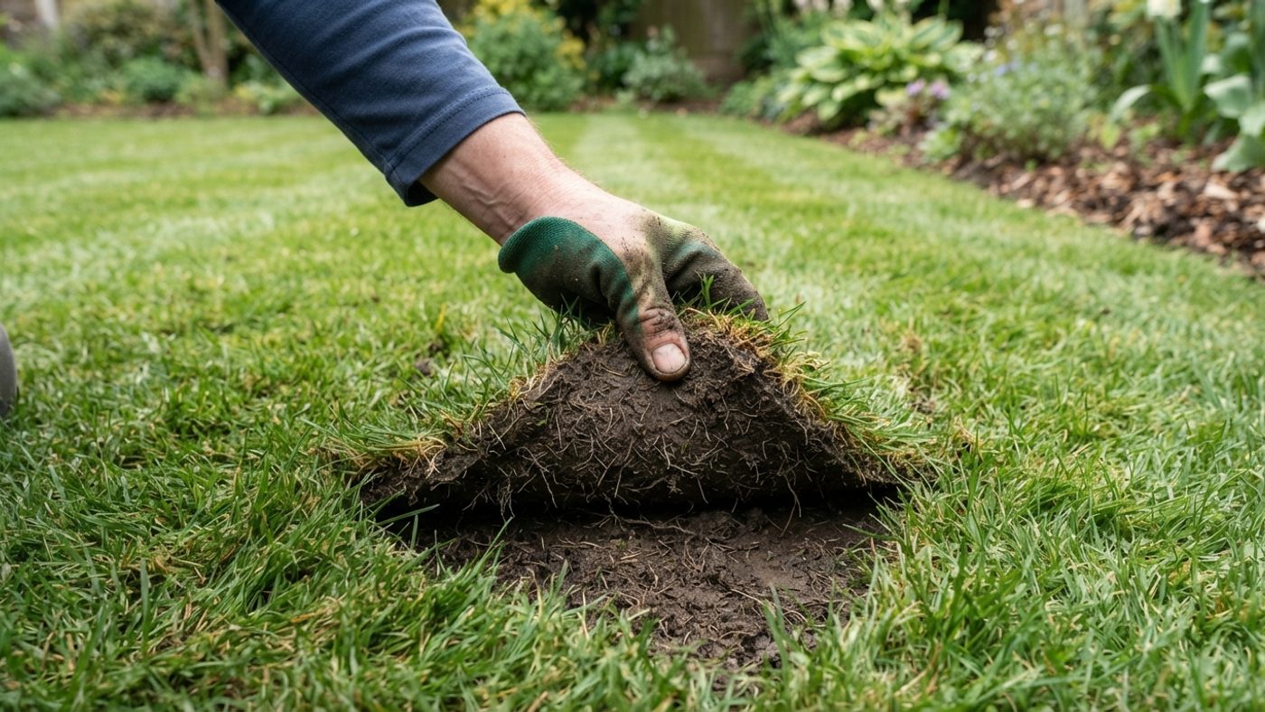A hand gripping the edge of a patch of lawn turf and lifting it slightly to test how firmly it is rooted