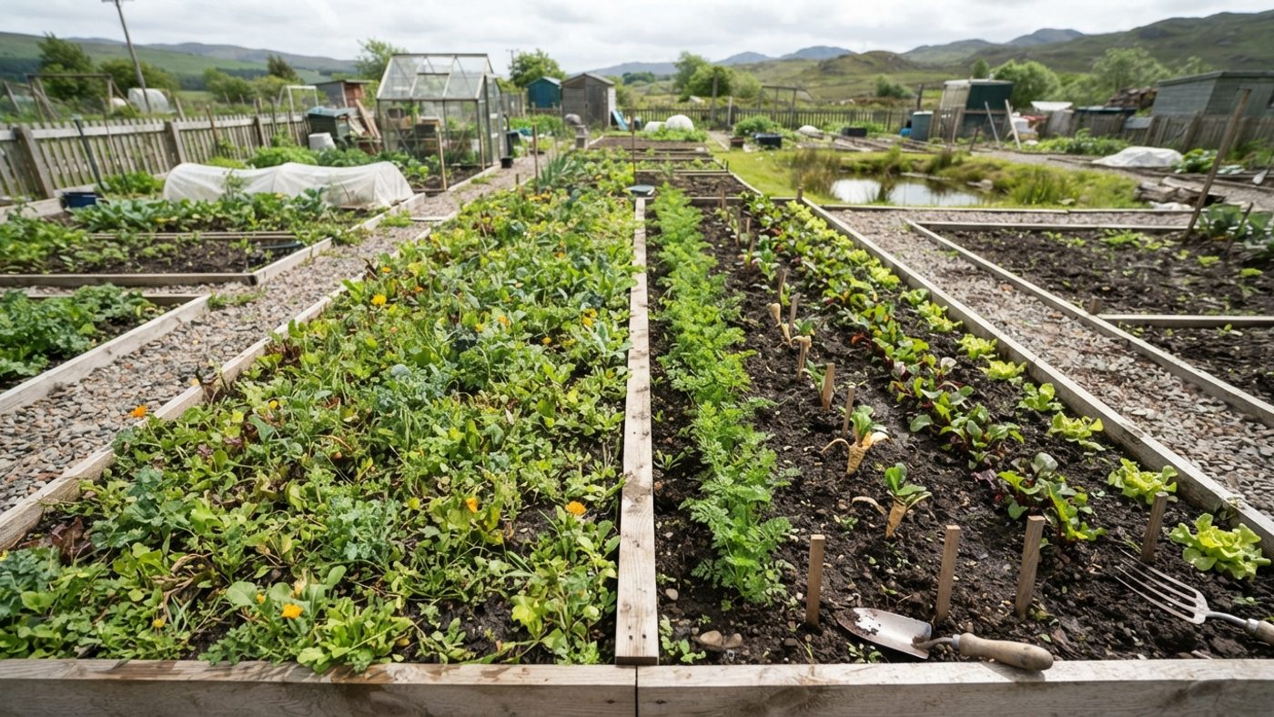 A split view comparing a chaotic scattered planting bed on one side with neat evenly spaced rows on the other