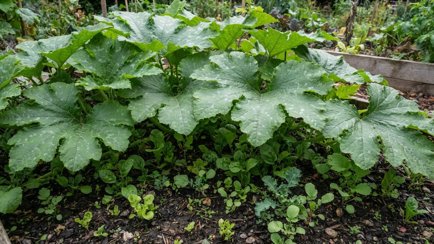 Large courgette leaves spreading over and shading smaller crowded seedlings beneath them