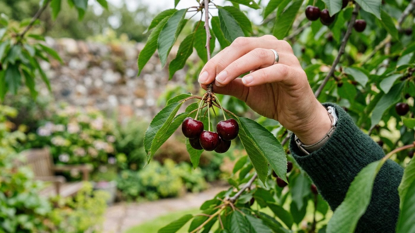 A hand picking a bunch of ripe dark cherries by the stalk, not touching the fruit itself, to avoid bruising