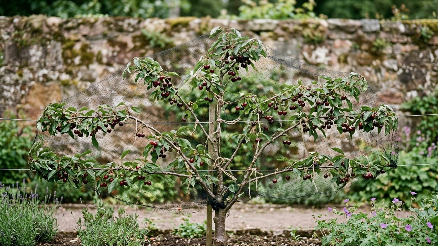 Fine netting draped over a fan-trained cherry tree against a wall to protect ripening fruit from birds
