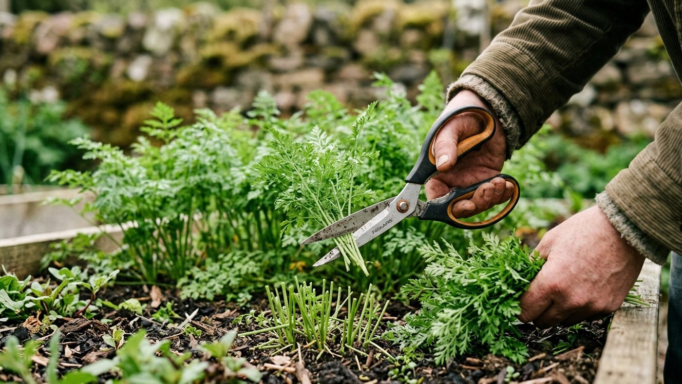 Scissors cutting chervil stems down to about 5cm for a fuller harvest that regrows